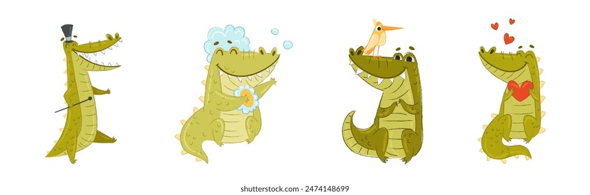 Cute Crocodile Character in Different Situation Vector Set