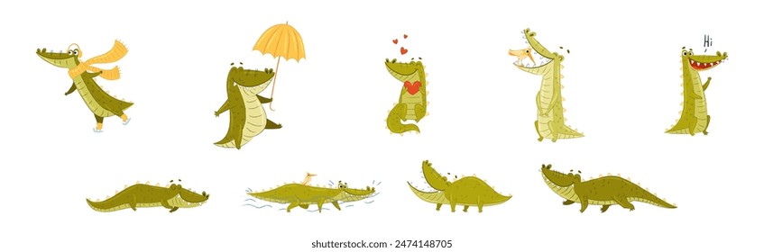 Cute Crocodile Character in Different Situation Vector Set