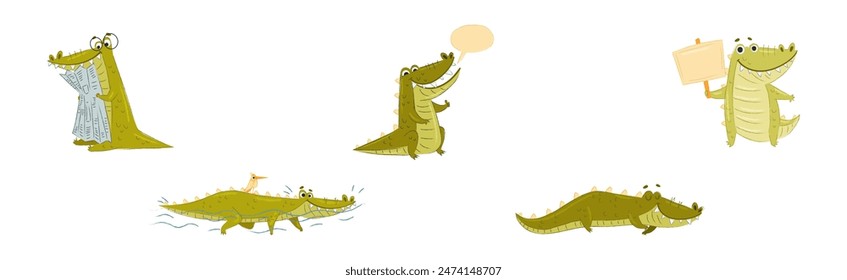 Cute Crocodile Character in Different Situation Vector Set