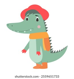 A cute crocodile character dressed warmly in red and orange.