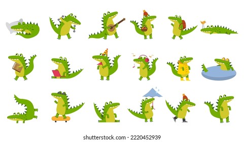 Cute Crocodile Character Engaged in Different Activity Vector Big Set