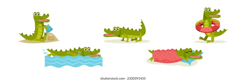 Cute Crocodile Character Engaged in Different Activity Vector Set