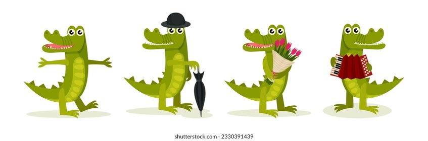 Cute Crocodile Character Engaged in Different Activity Vector Set