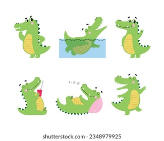 Cute Crocodile Character Engaged in Different Activity Vector Illustration Set