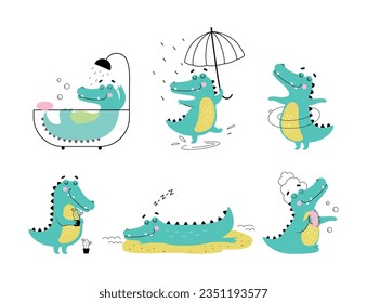 Cute Crocodile Character Engaged in Different Activity Vector Illustration Set