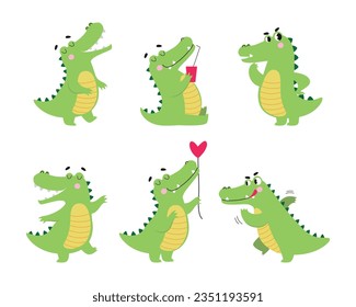 Cute Crocodile Character Engaged in Different Activity Vector Illustration Set