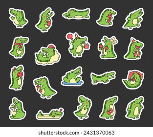 Cute crocodile character engaged in different activity. Sticker Bookmark. Funny adorable cartoon animal. Hand drawn style. Vector drawing. Collection of design elements.