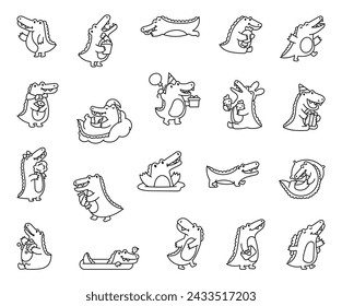 Cute crocodile character engaged in different activity. Coloring Page. Funny adorable cartoon animal. Hand drawn style. Vector drawing. Collection of design elements.