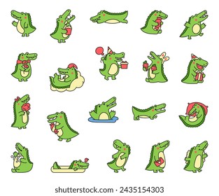 Cute crocodile character engaged in different activity. Funny adorable cartoon animal. Hand drawn style. Vector drawing. Collection of design elements.