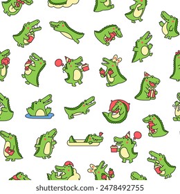 Cute crocodile character engaged in different activity. Seamless pattern. Funny adorable cartoon animal. Hand drawn style. Vector drawing. Design ornaments.