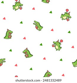 Cute crocodile character engaged in different activity. Seamless pattern. Funny adorable cartoon animal. Hand drawn style. Vector drawing. Design ornaments.
