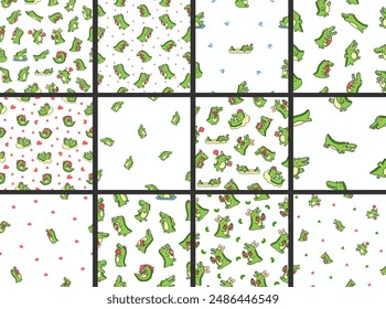 Cute crocodile character engaged in different activity. Seamless pattern. Funny adorable cartoon animal. Hand drawn style. Vector drawing. Collection of design ornaments.