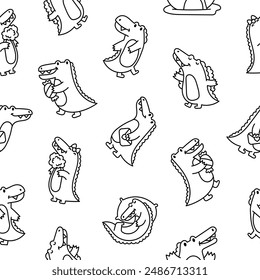 Cute crocodile character engaged in different activity. Seamless pattern. Coloring Page. Funny adorable cartoon animal. Hand drawn style. Vector drawing. Design ornaments.