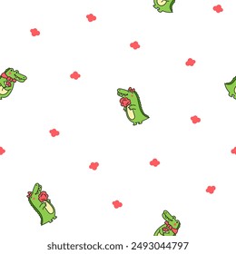 Cute crocodile character engaged in different activity. Seamless pattern. Funny adorable cartoon animal. Hand drawn style. Vector drawing. Design ornaments.