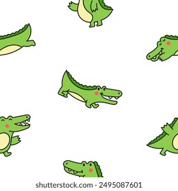Cute crocodile character engaged in different activity. Seamless pattern. Funny adorable cartoon animal. Hand drawn style. Vector drawing. Design ornaments.