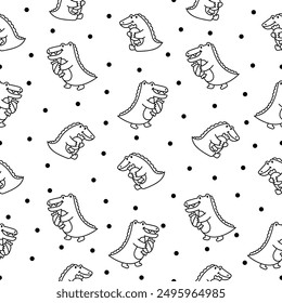 Cute crocodile character engaged in different activity. Seamless pattern. Coloring Page. Funny adorable cartoon animal. Hand drawn style. Vector drawing. Design ornaments.
