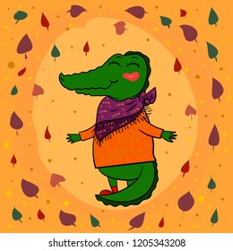 Cute crocodile character in the fall in a scarf, against the background of falling leaves. Vector.