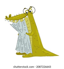 Cute Crocodile Character in Glasses Reading Newspaper Vector Illustration