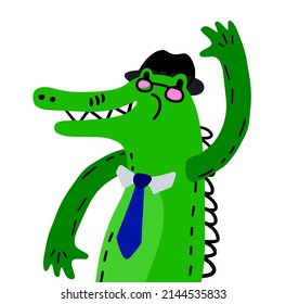 Cute Crocodile Character in Hat and tie. Funny green alligator. Animal gentleman. Vector Illustration for Kids Clothing