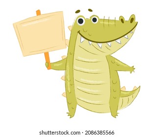 Cute Crocodile Character Holding Placard on Pole Vector Illustration