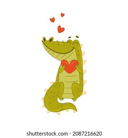 Cute Crocodile Character Holding Red Heart Fallen in Love Vector Illustration