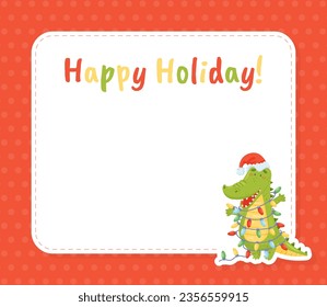 Cute Crocodile Character Holiday Greeting Card Vector Template