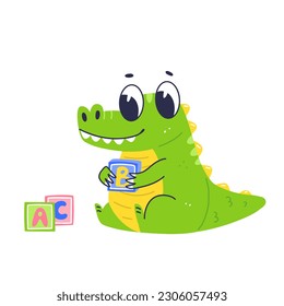 Cute crocodile character playing with cubes. Cartoon flat baby crocodile. Vector isolated illustration.