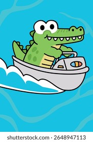 Cute crocodile character riding a boat on the sea illustration