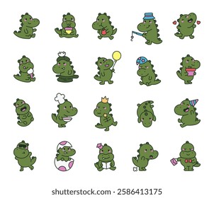 Cute crocodile character set showing different emotions, funny expressions, various accessories, and charming objects in pretty kawaii cartoon style for yours creative illustration