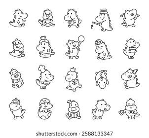 Cute crocodile character set showing different emotions, funny expressions, various accessories, and charming objects in pretty kawaii cartoon style for yours creative illustration