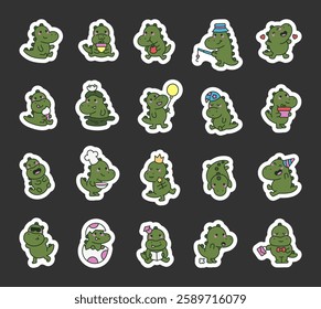 Cute crocodile character set showing different emotions, funny expressions, various accessories, and charming objects in pretty kawaii cartoon style for yours creative illustration