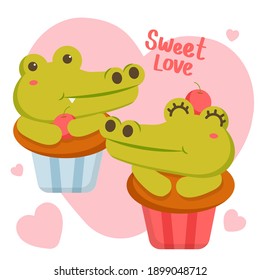 Cute Crocodile character sets, vector illustration of sweet love  story. With food in different pose in transparent background