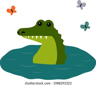 cute crocodile character swimming on pond