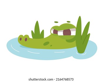 Cute crocodile character swimming in tropical swamp with cane vector illustration. Cartoon angry and hungry wild green alligator with comic face sitting in water and waiting isolated on white