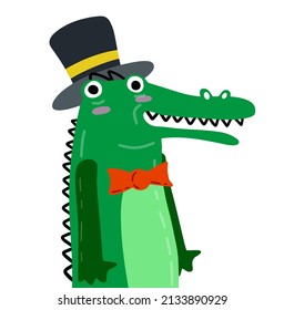 Cute Crocodile Character in Top Hat. Funny green alligator.