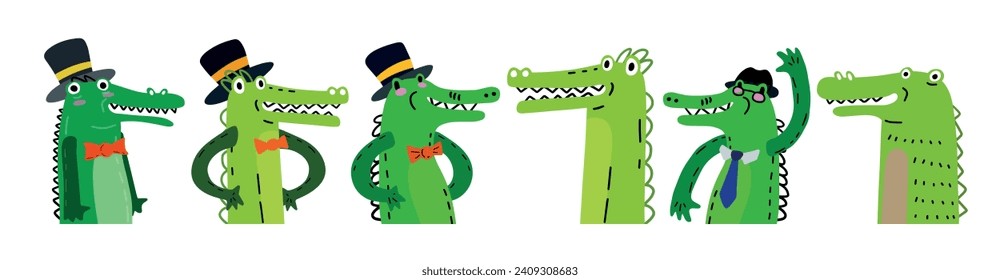 Cute Crocodile Character in Top Hat. Funny green alligator. Animal gentleman. Vector Illustration for Kids Clothing