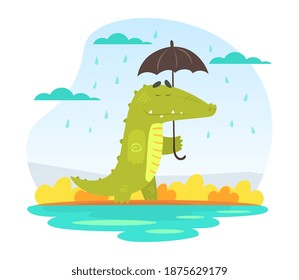 Cute Crocodile Character Walking under Umbrella Cartoon Vector Illustration