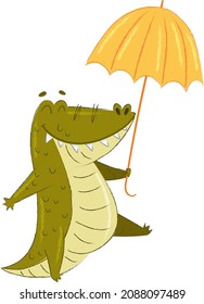 Cute Crocodile Character Walking with Yellow Umbrella Vector Illustration