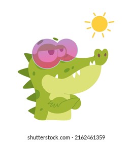 Cute crocodile character wearing pink sunglasses vector illustration. Cartoon portrait of funny alligator with big teeth and fashion accessory walking under hot tropical sun isolated on white