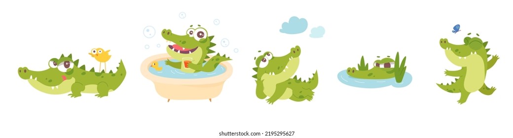 Cute crocodile characters set with fun activities vector illustration. Cartoon funny alligator bathing in bathtub, dancing and lying with friends yellow bird and flying butterfly isolated on white