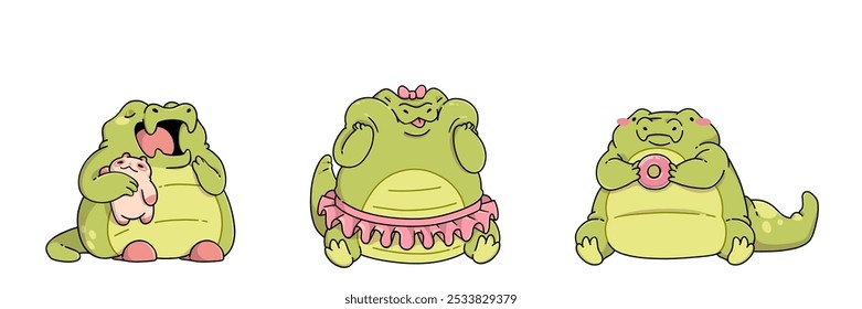 Cute crocodile characters set isolated on white background. Contemporary vector cartoon illustration of fat alligator mascots yawning and hugging toy, wearing pink skirt and bow, eating sweet donut