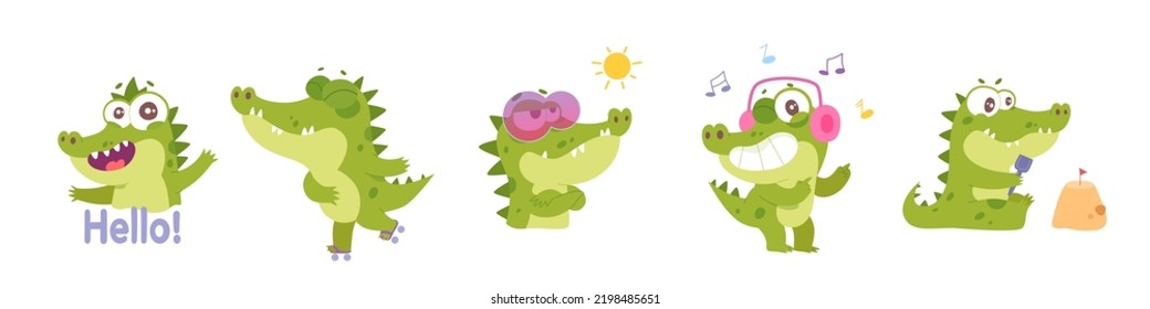 Cute crocodile characters set vector illustration. Cartoon funny green animal greeting friends, roller skating, wearing pink headphones and sunglasses, building sand castle on beach isolated on white