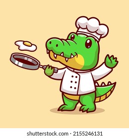 Cute Crocodile Chef Cooking Egg Cartoon Vector Icon Illustration. Animal Food Icon Concept Isolated Premium Vector. Flat Cartoon Style