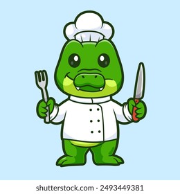 Cute Crocodile Chef Holding Knife And Fork Cartoon Vector Icon Illustration. Animal Food Icon Concept Isolated Premium Vector. Flat Cartoon Style