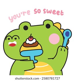 Cute crocodile with cherry pudding cake.You are so sweet text.Sweet and dessert.Reptile animal character cartoon.Image for card,sticker,baby clothing,print screen.Kawaii.Vector.Illustration.