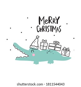 Cute crocodile with christmas hat and many gift boxes. Merry christmas. Hand drawn illustration for greeting card, print, posters design.