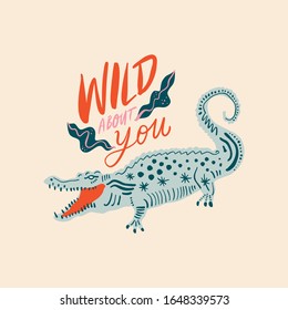 Cute Crocodile With Color Background, Alligator Tees, Cool Animal Collage Wild Lettering Print, Cartoon Character Art