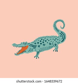 Cute Crocodile With Color Background, Alligator Tees, Cool Animal Collage Print, Cartoon Character Art