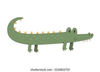 Cute crocodile crawling and smiling, flat cartoon illustration. Funny animal illustration, vector illustration on white background, good for t-shirt print