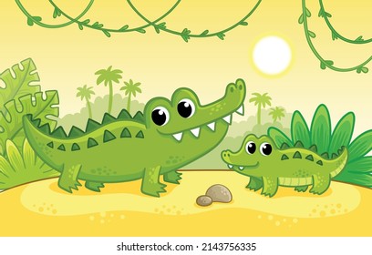 Cute crocodile with a cub stands on a sandy beach among the jungle. Vector illustration with reptile.